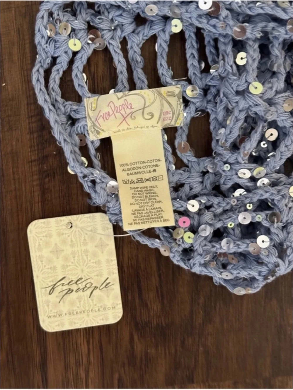 Free People Mika Light Blue Sequin disco Crochet skull cap
